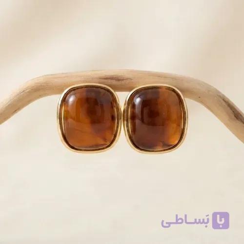 گوشواره میخی استیل مربعی طرح سنگ قهوه‌ای | خرید از بو تیک