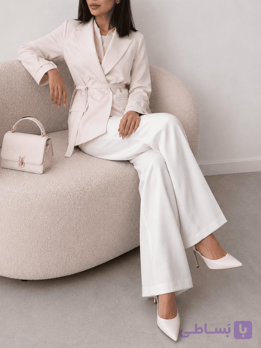 کت زنانه کرپ مازراتی کمربند دار در رنگبندی پاستلی — تصویر 1