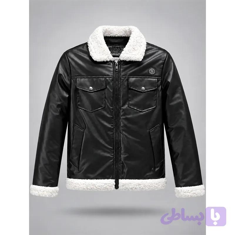 کاپشن چرم مردانه خزدار بوفالو مشکی سایز XL -2XL-3XL — تصویر 1