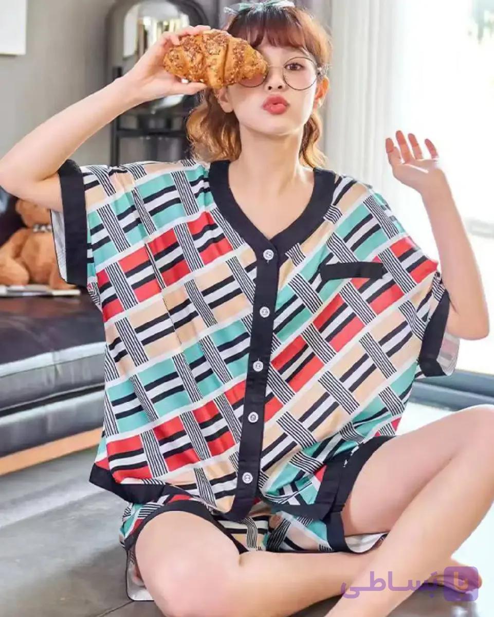 بلوز و شورتک راحتی زنانه پارچه ساتن ابریشم کد ۱۰۰۴