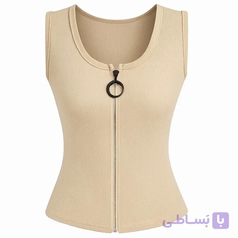 تاپ زنانه مدل تارا یقه گرد بدون آستین روی کمر الیاف مصنوعی ساده اسپرت روزمره مهمانی