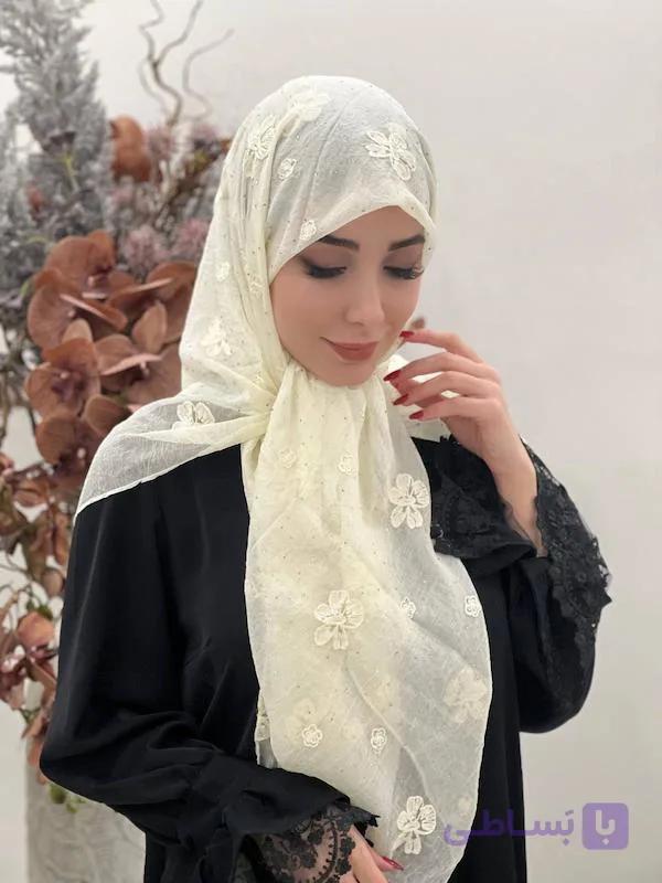 روسری حریر ابریشم خامه دوزی فول نگین
