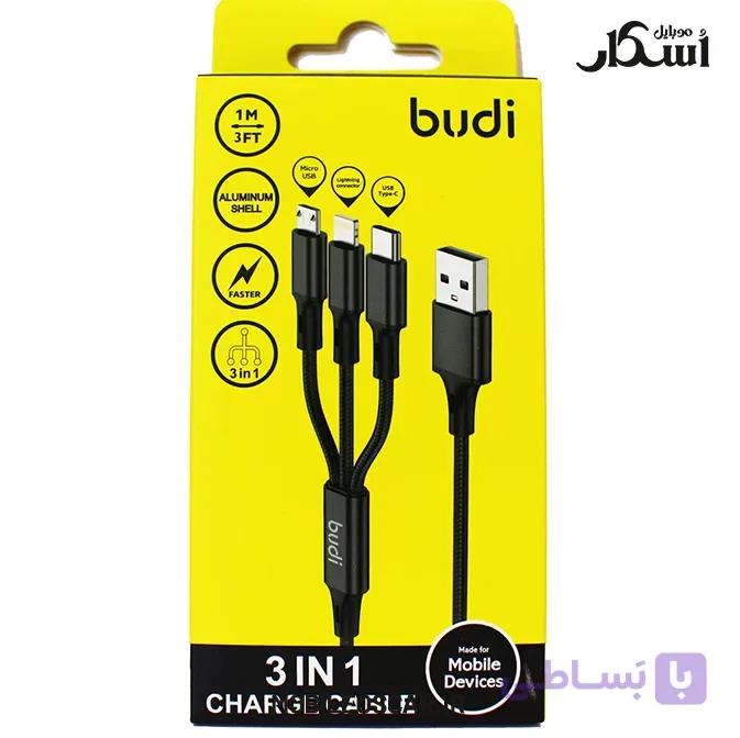 کابل شارژ ۳ کاره بودی (Budi) روکش فلزی | تایپ سی، لایتنینگ، میکرو — تصویر 1