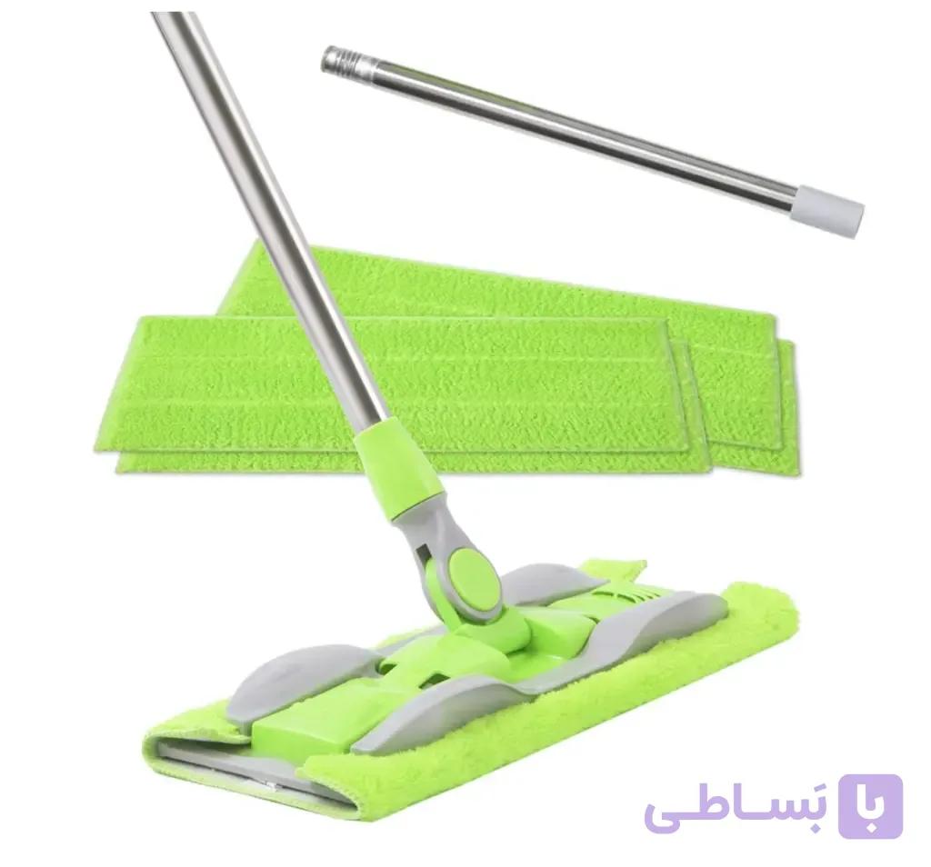 تی کلیپسی زمین‌شوی میکروفایبر با دسته استیل تاشو و ۲ پد اضافه نصب راحت دستمال تی