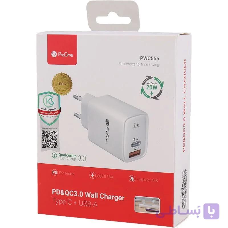 شارژر دیواری پرووان PWC555 توان 20 وات دو پورت USB و Type-C