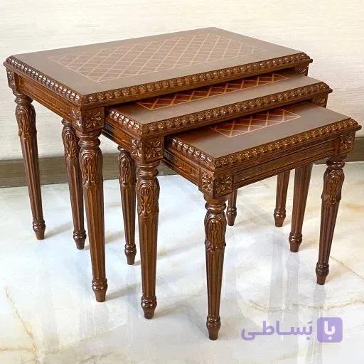 میز عسلی قهوه ای شیک منبت و سنگ — تصویر 1