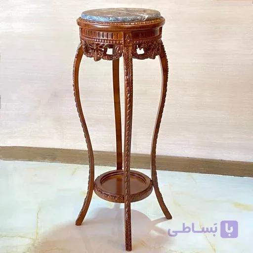 میز تلفن شیک قهوه ای منبت و سنگ گرد — تصویر 1