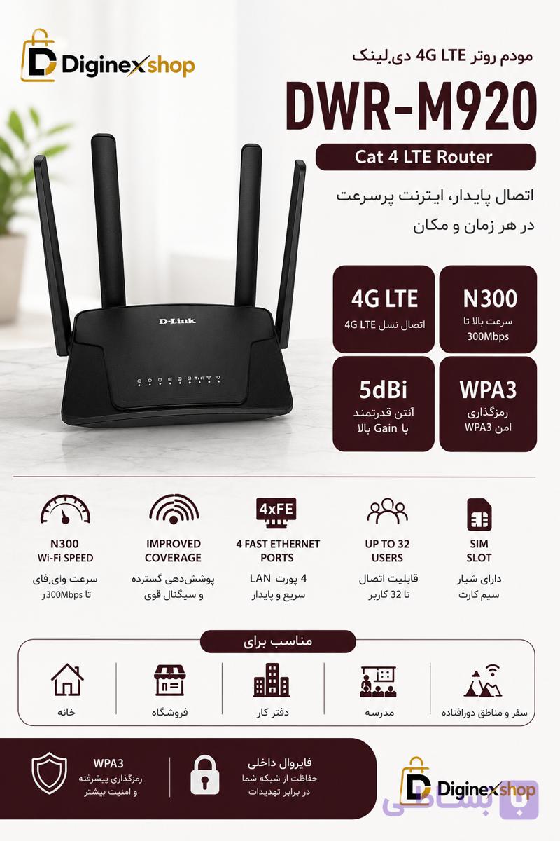 مودم روتر بی‌سیم 4G LTE دی-لینک مدل DWR-M920 با پشتیبانی از سیم‌کارت 3G/4G، سرعت تا 150 مگابیت بر ثانیه، پوشش کامل منزل با 4 آنتن خارجی، اتصال همزمان تا 32 کاربر و پورت‌های LAN و WAN RJ-45