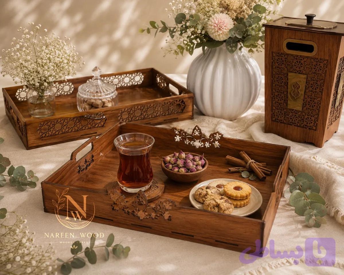 سینی پذیرایی مستطیلی چوبی طرح برگ پاییزی
