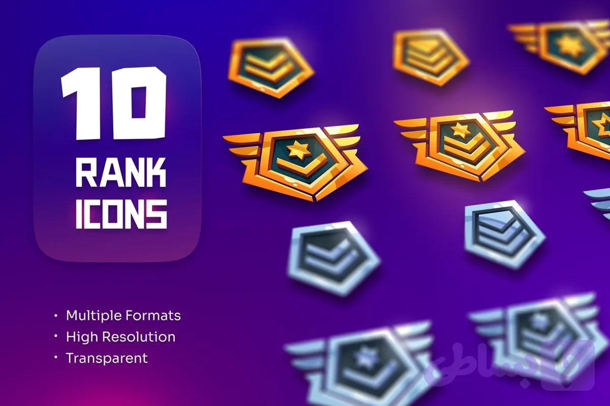 پک آیکون وکتور رتبه و مدال بازی (گیمیفیکیشن) — ۱۰ آیکون در ۴ رنگ، EPS + PNG