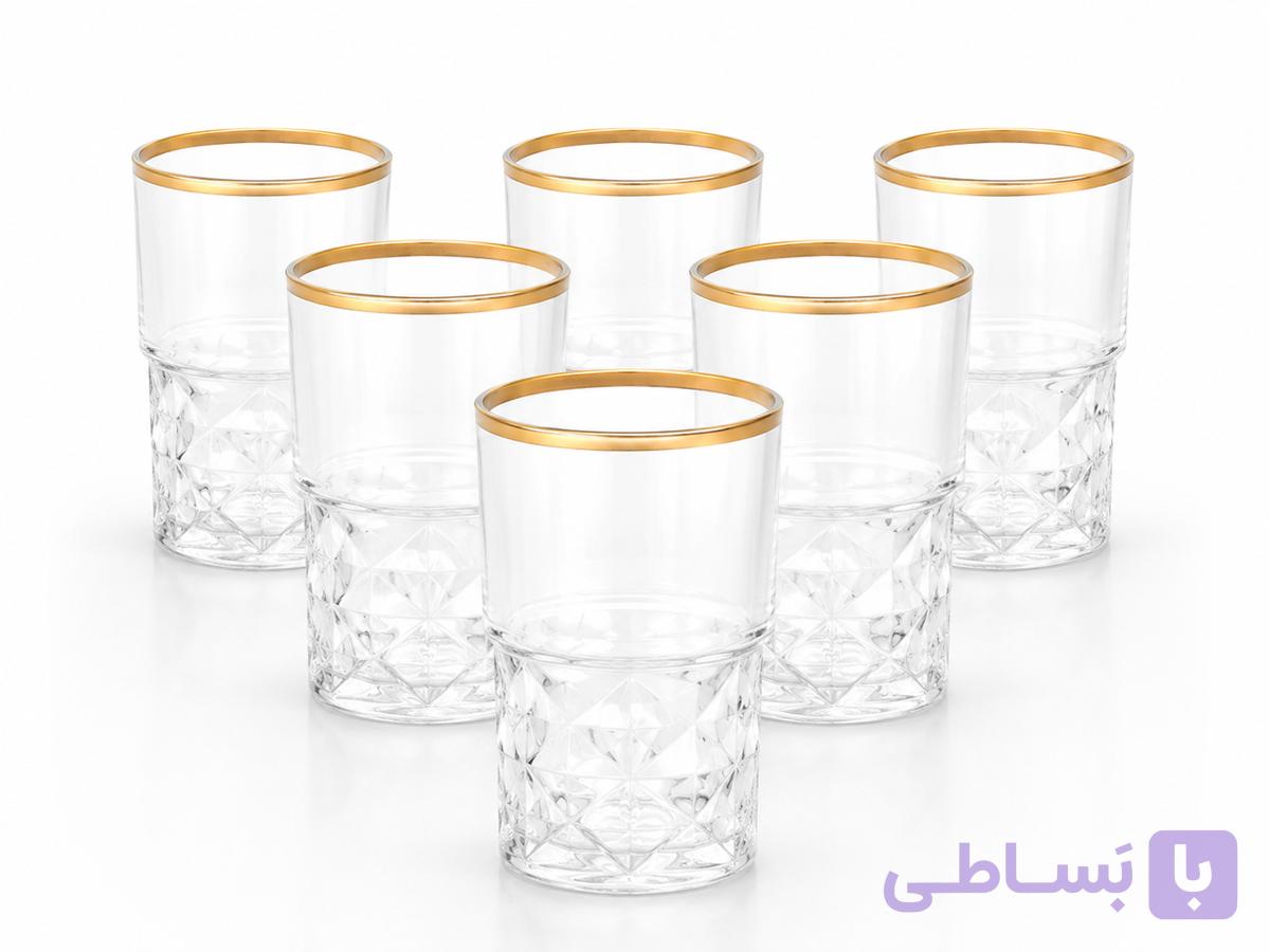 ست ۶ عددی لیوان شربت‌خوری شیشه‌ای لب‌طلایی طرح الماس iwaki