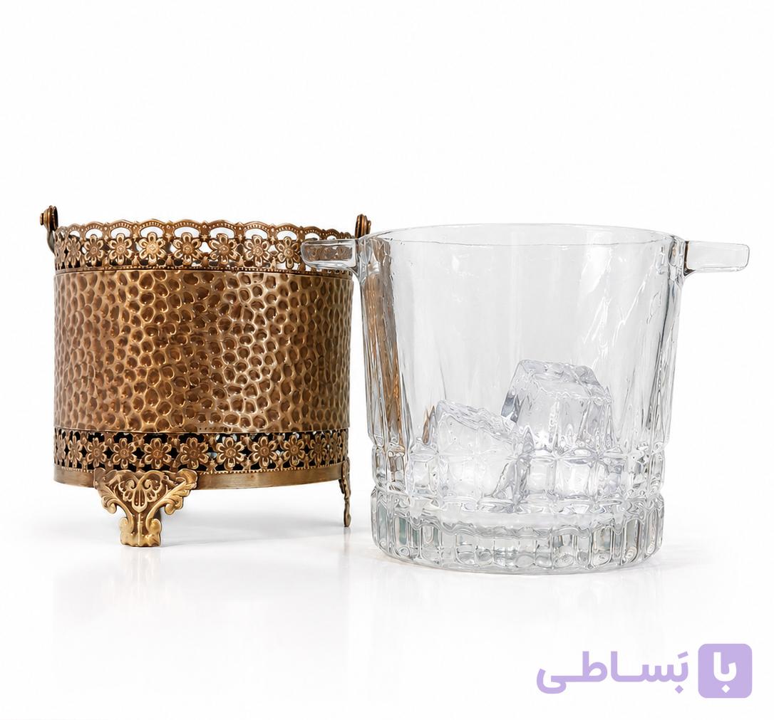 یخدان شیشه‌ای دسته‌دار با استند فلزی طلایی | ظرف سرو یخ و نوشیدنی