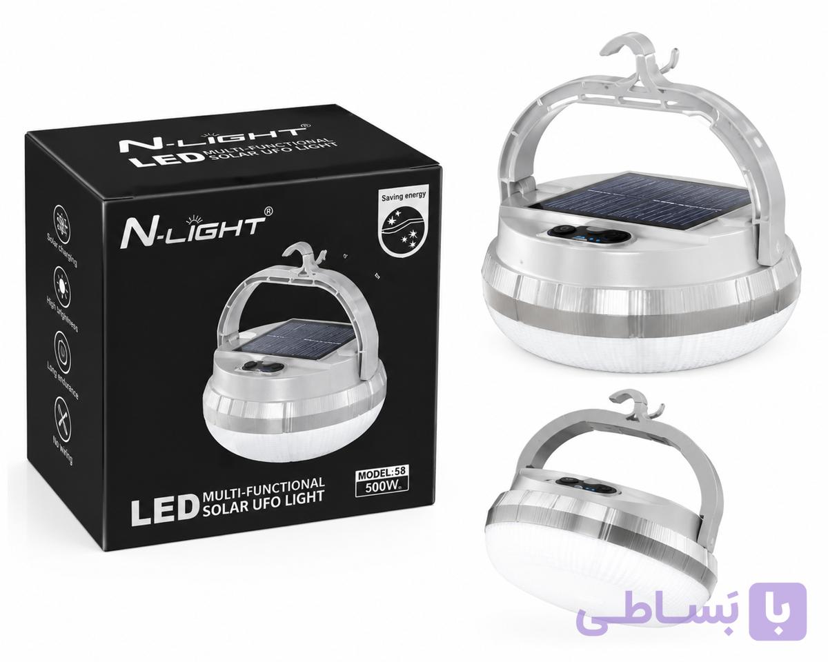 چراغ خورشیدی شارژی UFO مدل N-LIGHT 58 | لامپ LED خورشیدی چند منظوره 500 وات