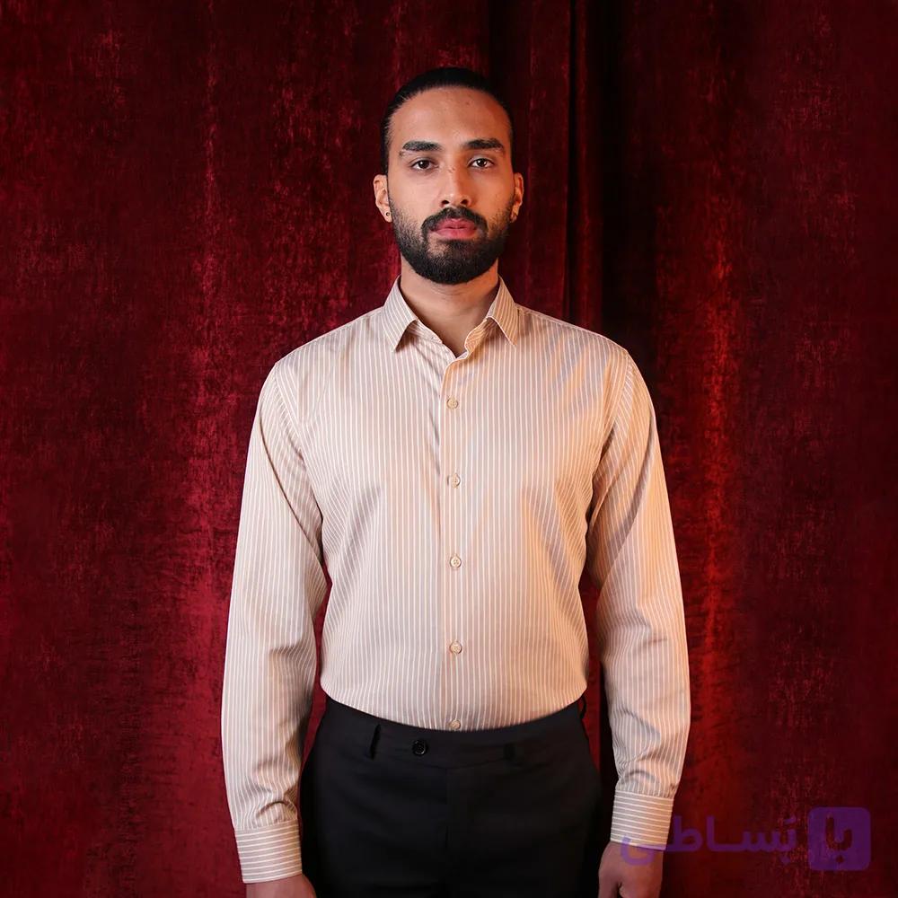 پیراهن مردانه کلاسیک بژ راهدار ریز سفید