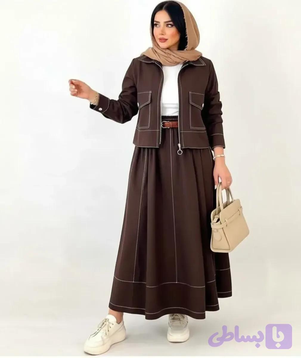 ست دو تیکه کت و دامن / پارچه کج راه پاییزی درجه یک/ مناسب ۳۸ تا 50 کیفیت تضمینی