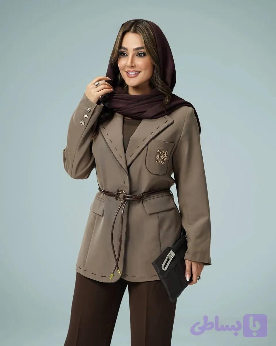 کت نیکتا با یقه انگلیسی کمر چرمی