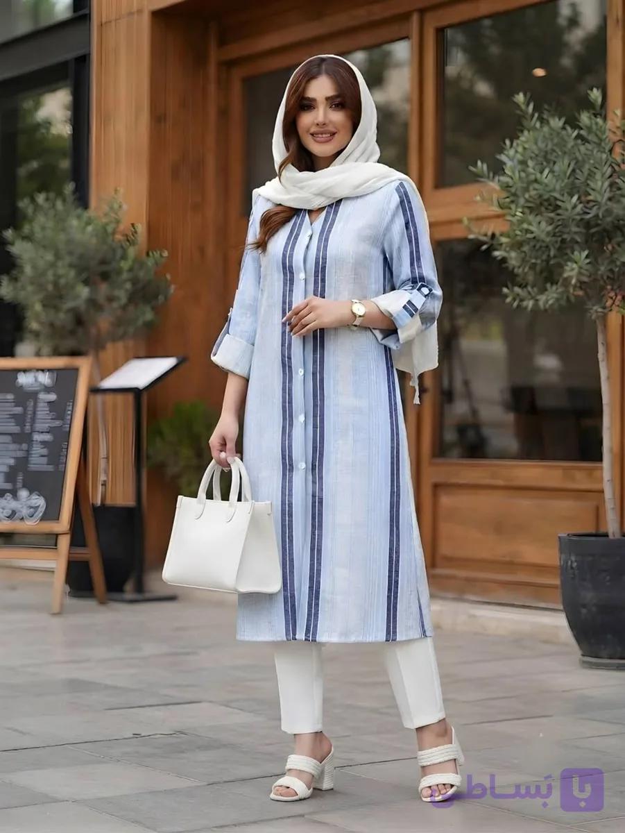 مانتوی تابستانی با طراحی آزاد/ پارچه لنین درجه یک/۴۲ تا ۵۲ /بدون آب رفتگی کیفیت تضمینی