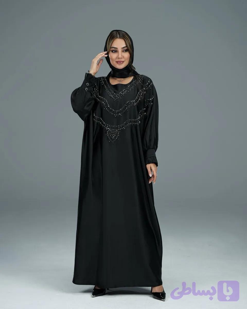عبا جلو بسته / پارچه ساتن زارا ترک / مدل روشا با جواهر دوزی /تضمین اصالت