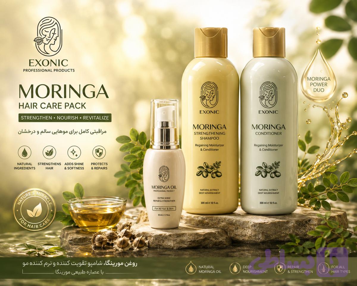 پک شامپو تقویت کننده و نرم کننده مو و روغن مورینگا Exonic