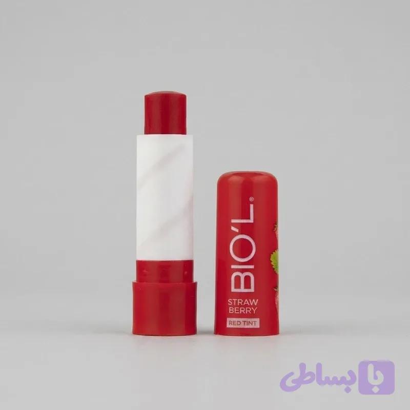 بالم لب مرطوب‌کننده بیول مدل توت فرنگی با موم زنبورعسل، کره کاکائو، ویتامین E و B5، محافظت SPF 15 و رنگ قرمز مات