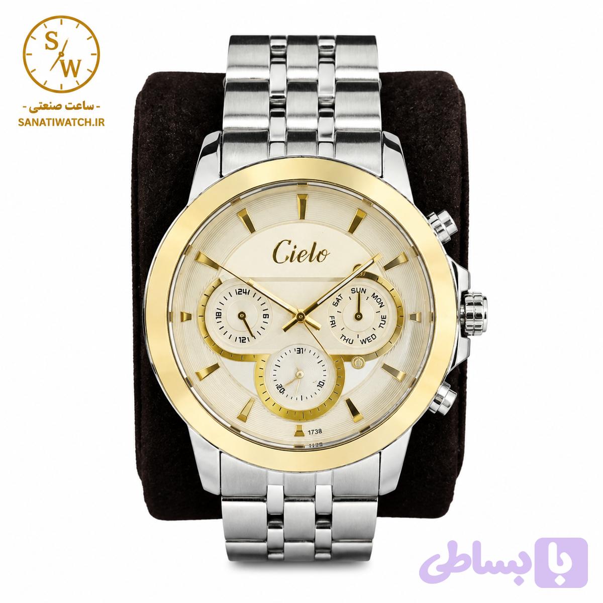 ساعت مچی مردانه CIELO سیلو فلزی سه موتور فعال فول تایم قاب طلایی استیل بند استیل صفحه سفید شیشه رنگی زرد طرح کوکو کد 1738