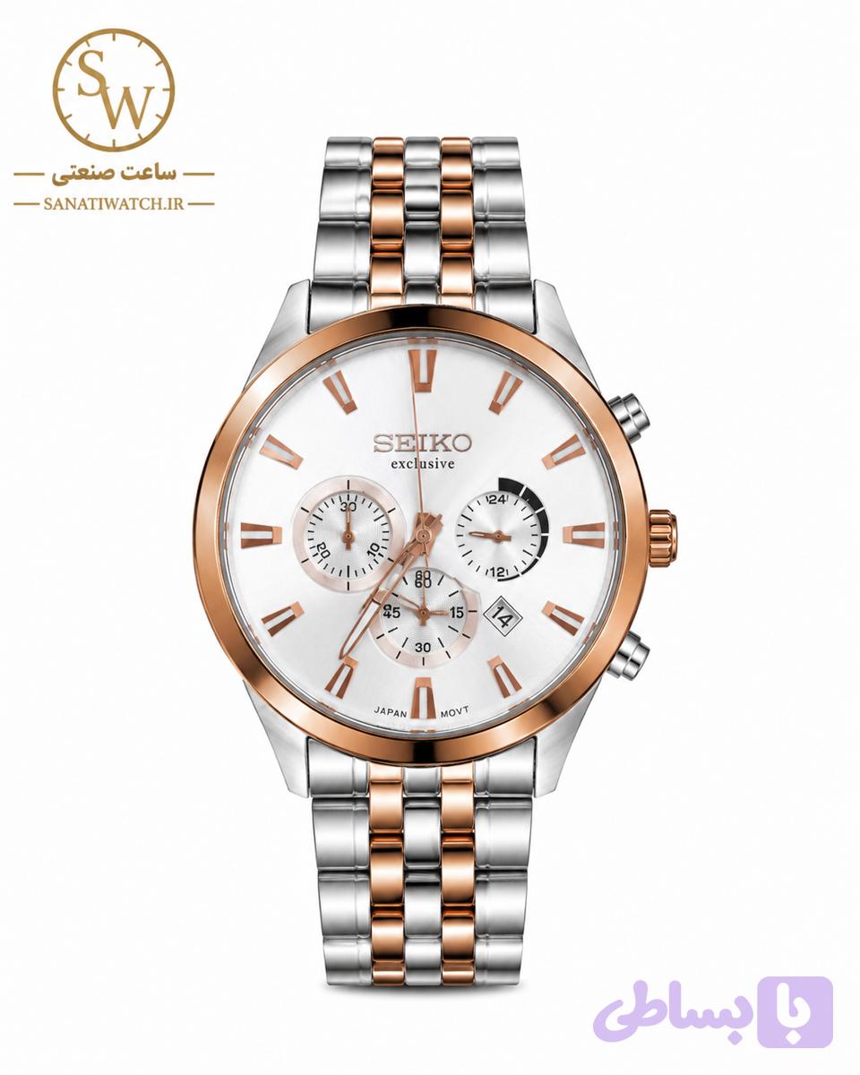ساعت مچی مردانه SEIKO سیکو فلزی سه موتور فعال کورنوگراف بند رزگلد استیل قاب رزگلد استیل صفحه استیل کد 3032
