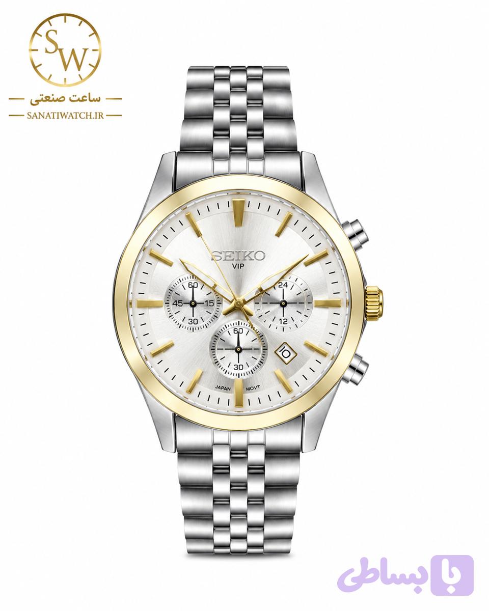 ساعت مچی مردانه SEIKO سیکو فلزی سه موتور فعال کورنوگراف بند استیل قاب طلایی استیل صفحه استیل کد 8016