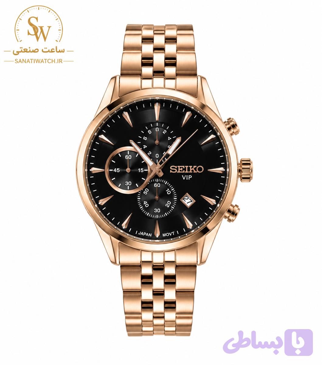 ساعت مچی مردانه SEIKO سیکو فلزی سه موتور فعال کورنوگراف بند رزگلد قاب رزگلد صفحه مشکی کد 8021