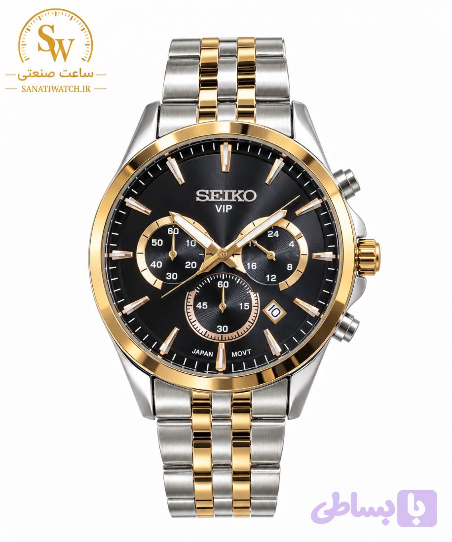 ساعت مچی مردانه SEIKO سیکو فلزی سه موتور فعال کورنوگراف بند طلایی استیل قاب طلایی استیل صفحه مشکی کد 8013
