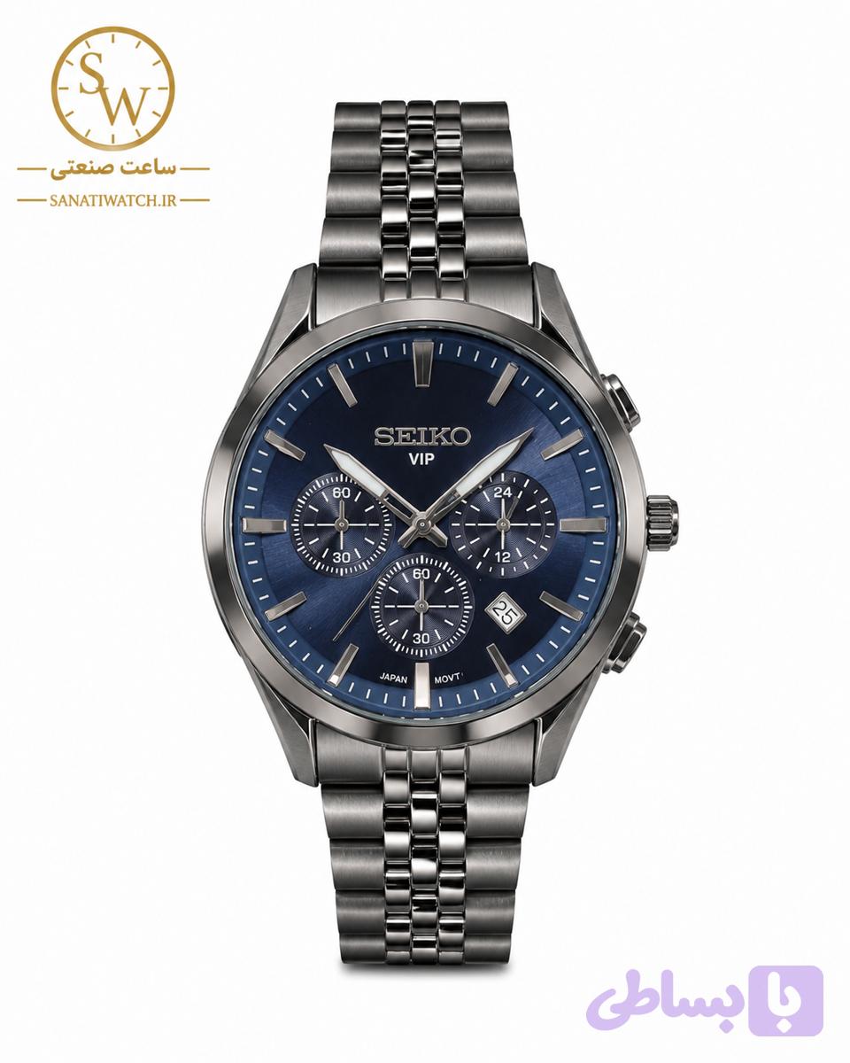 ساعت مچی مردانه SEIKO سیکو فلزی سه موتور فعال کورنوگراف بندو قاب دودی نوک مدادی صفحه سورمه ای کد 8016