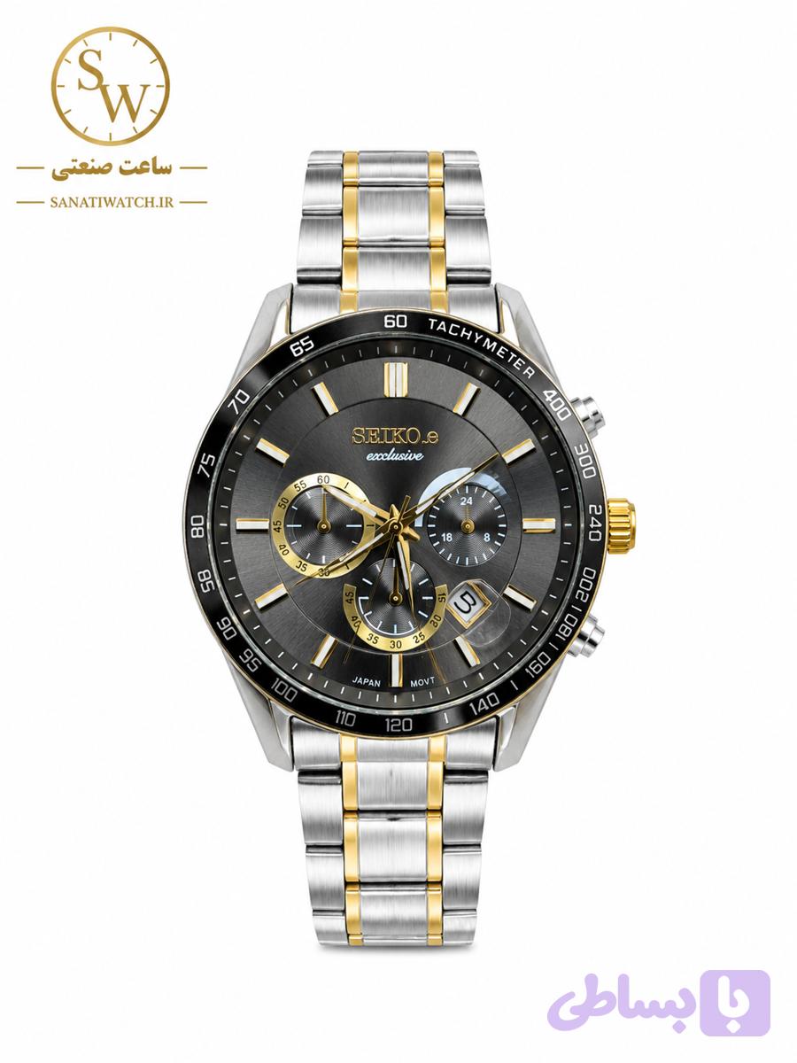 ساعت مچی مردانه SEIKO سیکو فلزی سه موتور فعال کورنوگراف بند طلایی استیل قاب طلایی استیل صفحه مشکی کد 3096