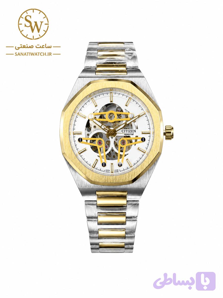 ساعت مچی مردانه CITIZEN سیتیزن فلزی اتوماتیک مکانیکی اسکلتون درب پشت شیشه ای بند استیل طلایی صفحه سفید کد ۲۱۹۶
