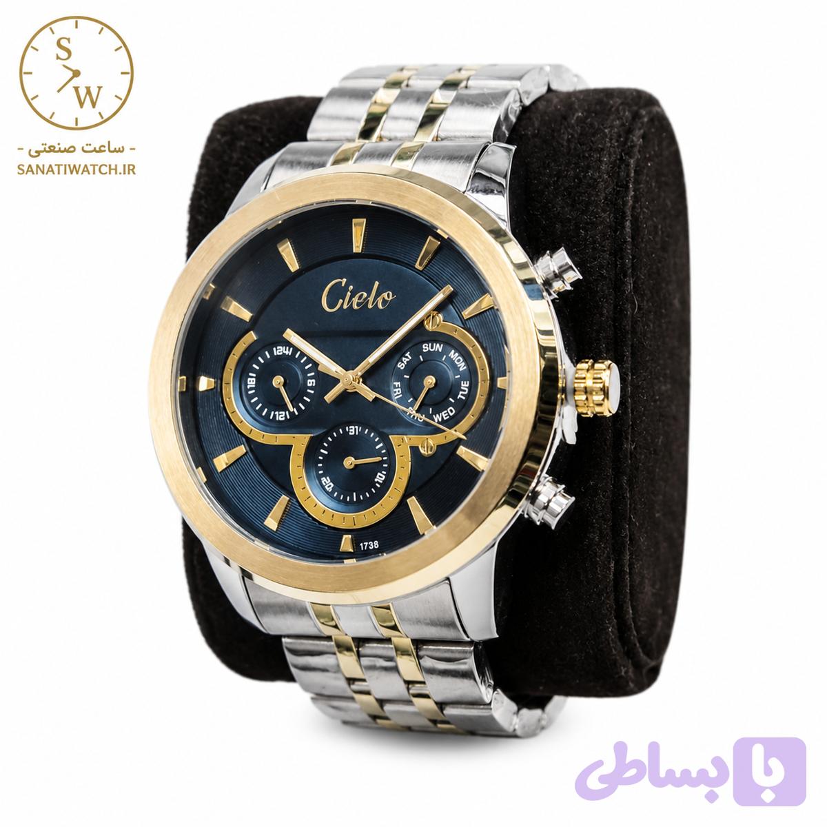 ساعت مچی مردانه CIELO سیلو فلزی سه موتور فعال فول تایم قاب و بند طلایی استیل صفحه مشکی طرح کوکو کد 1738