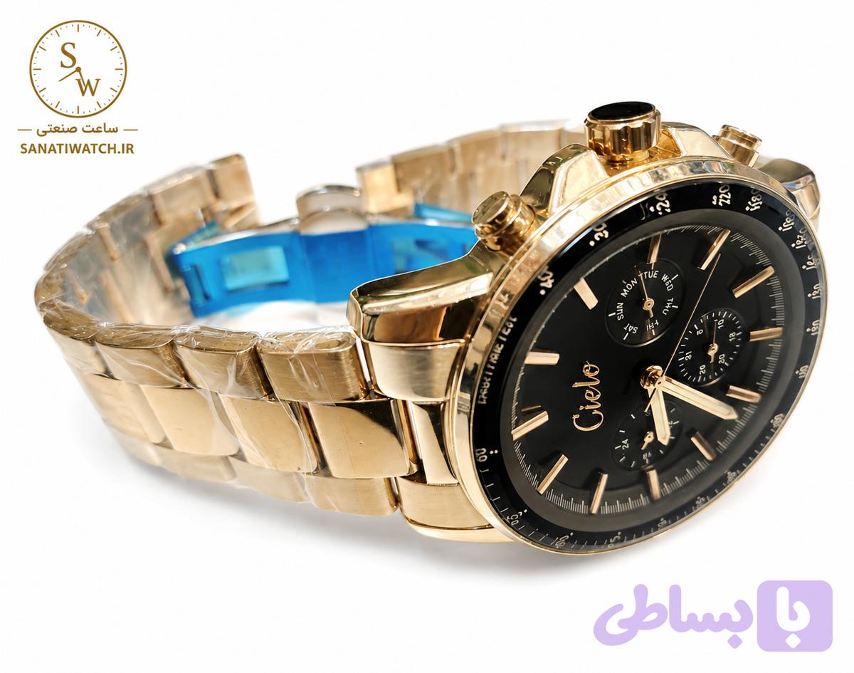 ساعت مچی مردانه CIELO سیلو فلزی سه موتور فعال فول تایم قاب و بند رزگلد صفحه مشکی شیشه رنگی رزگلد کد 1750