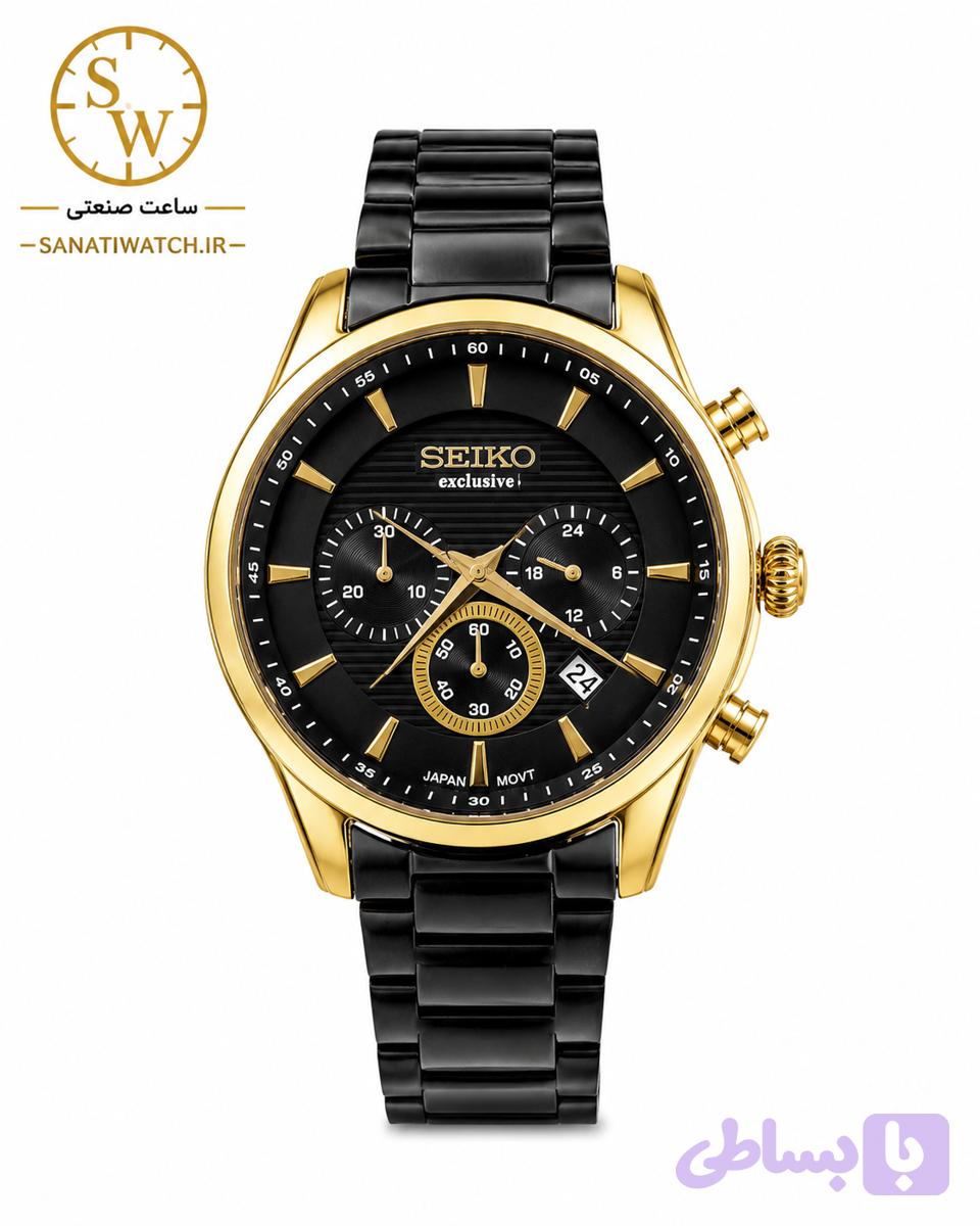 ساعت مچی مردانه SEIKO سیکو فلزی سه موتور فعال کورنوگراف بند مشکی قاب طلایی صفحه مشکی کد 3054