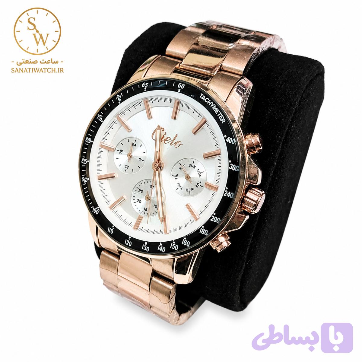 ساعت مچی مردانه CIELO سیلو فلزی سه موتور فعال فول تایم قاب و بند رزگلد صفحه استیل کد 1750