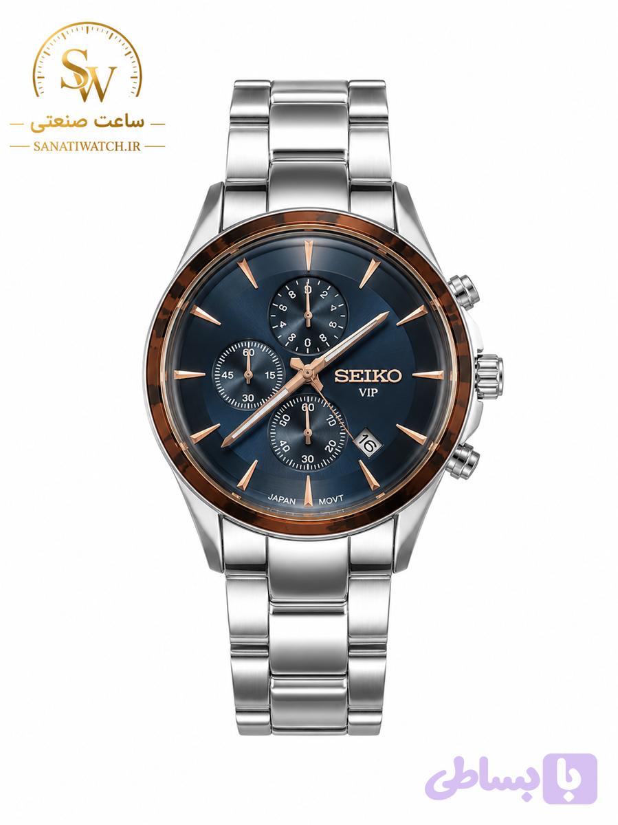 ساعت مچی مردانه SEIKO سیکو فلزی سه موتور فعال کورنوگراف بند استیل قاب رزگلد استیل صفحه مشکی دور شیشه آینه ای کد 8012