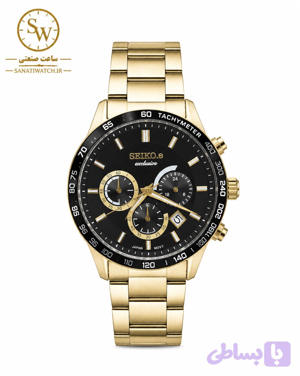 ساعت مچی مردانه SEIKO سیکو فلزی سه موتور فعال کورنوگراف بند طلایی قاب طلایی صفحه مشکی کد 3096