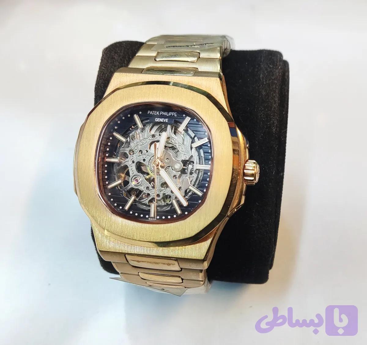ساعت مچی مردانه PATEK PHILIPPE پتک فیلیپ ناتیلوس فلزی اتوماتیک مکانیکی اسکلتون موتور پیدا درب پشت شیشه ای بند و قاب رزگلد صفحه مشکی کد A38EAP