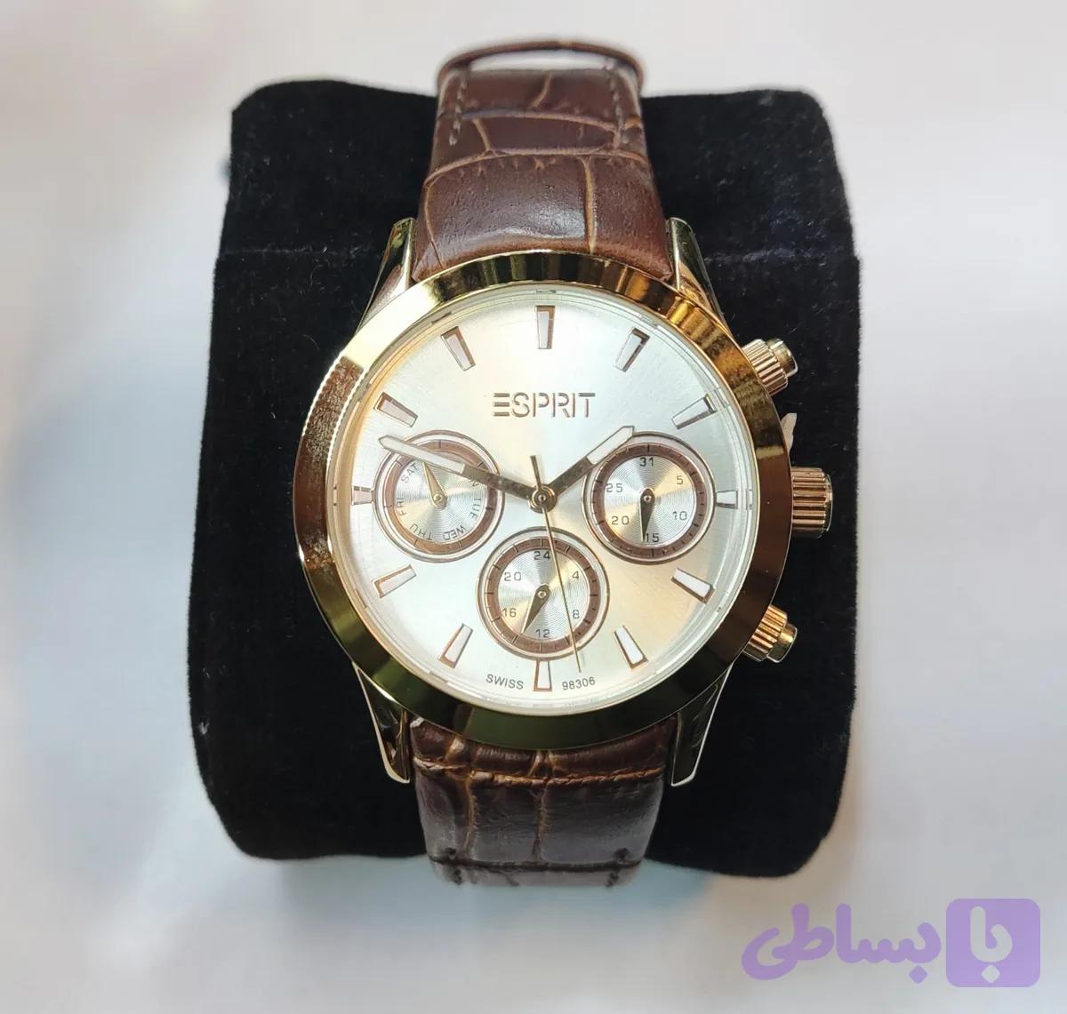ساعت مچی زنانه ESPRIT اسپریت بند چرمی قهوه ای قفلدار سه موتور فعال فول تایم قاب رزگلد صفحه استیل کد 98306