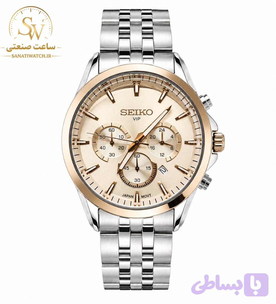 ساعت مچی مردانه SEIKO سیکو فلزی سه موتور فعال کورنوگراف بند استیل قاب رزگلد استیل صفحه استیل شیشه رزگلد کد 8013