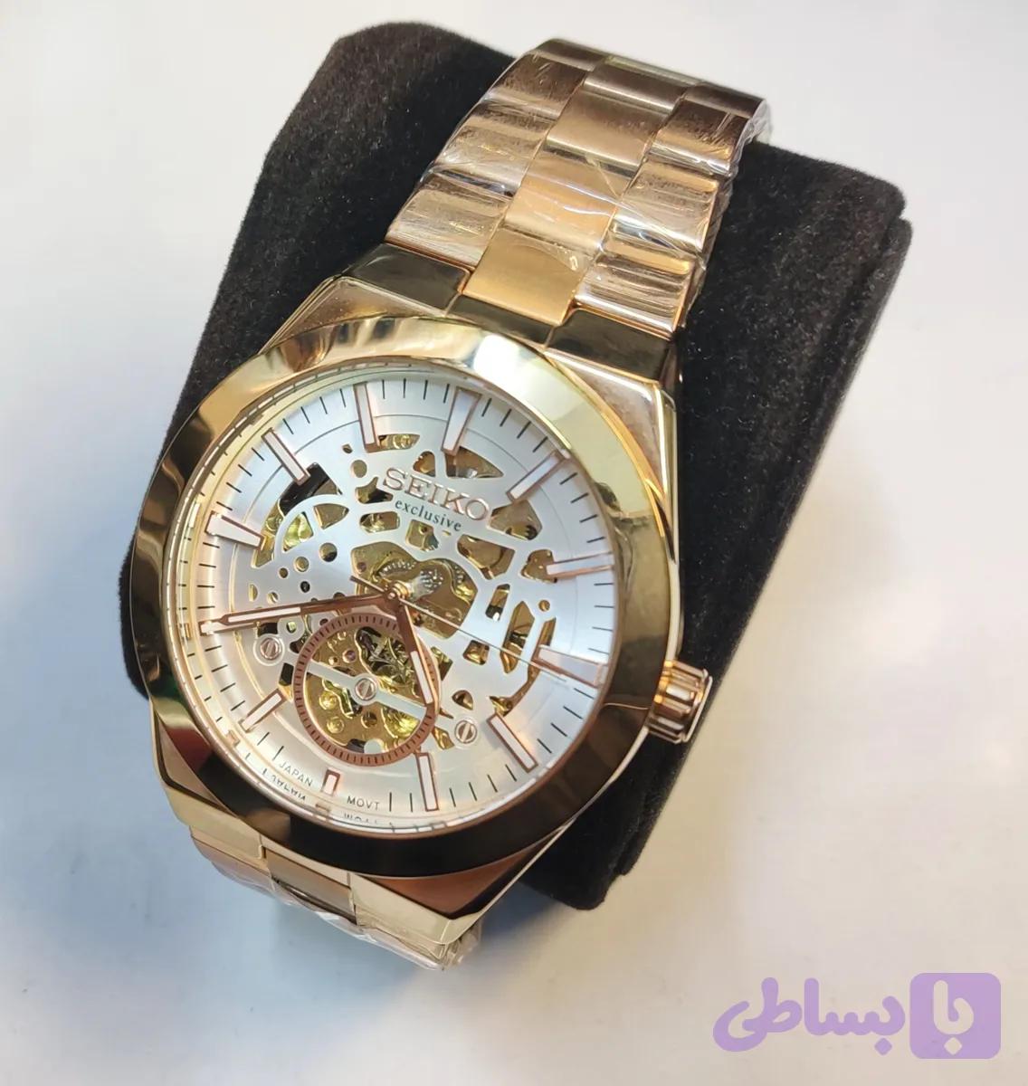 ساعت مچی مردانه SEIKO سیکو فلزی اتوماتیک مکانیکی اسکلتون درب پشت شیشه ای بند رزگلد صفحه استیل کد 3040