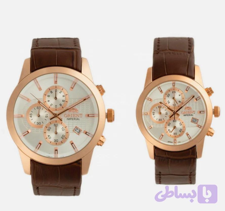ساعت مچی مردانه ORIENT اورینت بند چرمی قهوه ای قفلدار سه موتور فعال کورنوگراف قاب رزگلد صفحه استیل کد 055