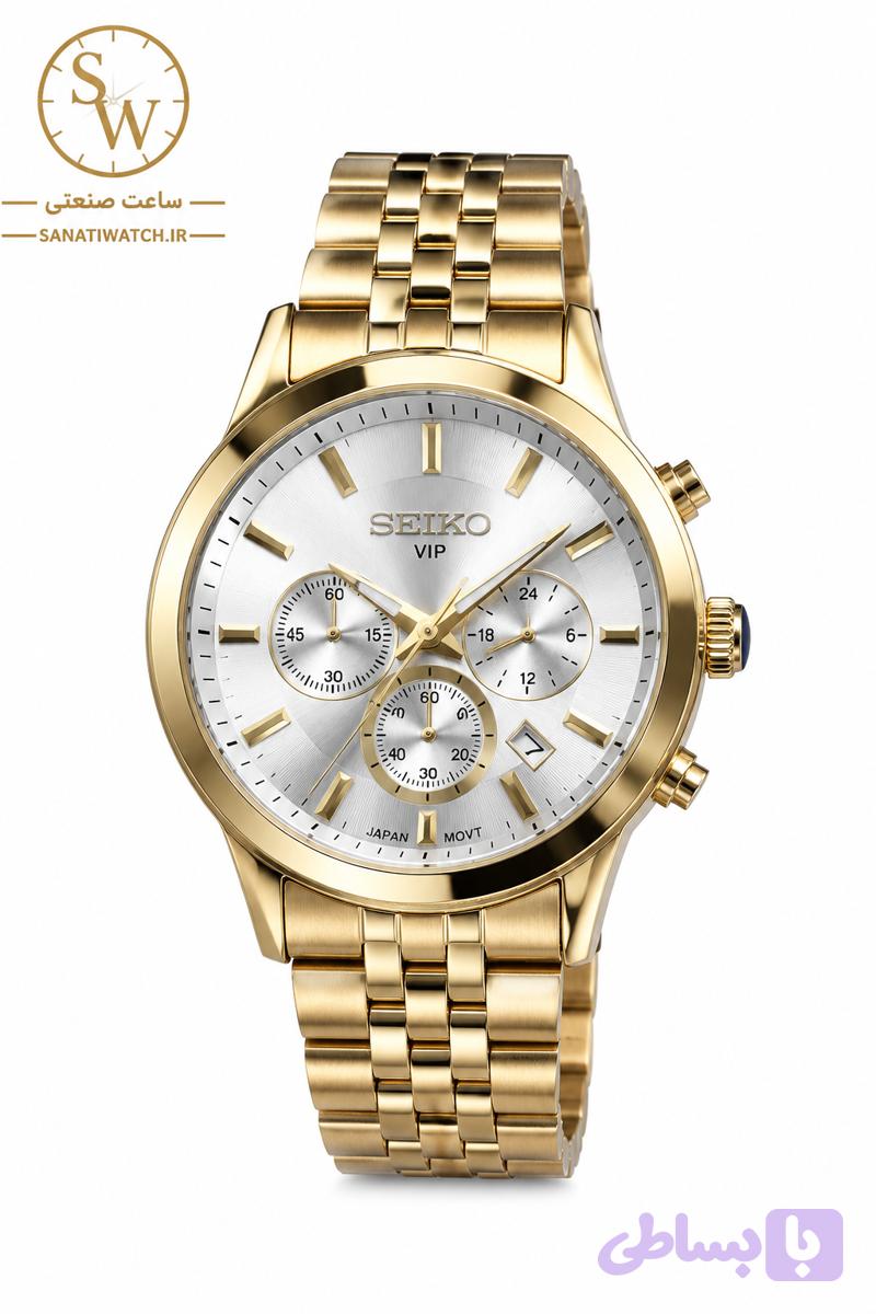 ساعت مچی مردانه SEIKO سیکو فلزی سه موتور فعال کورنوگراف بند طلایی قاب طلایی صفحه استیل کد 8011