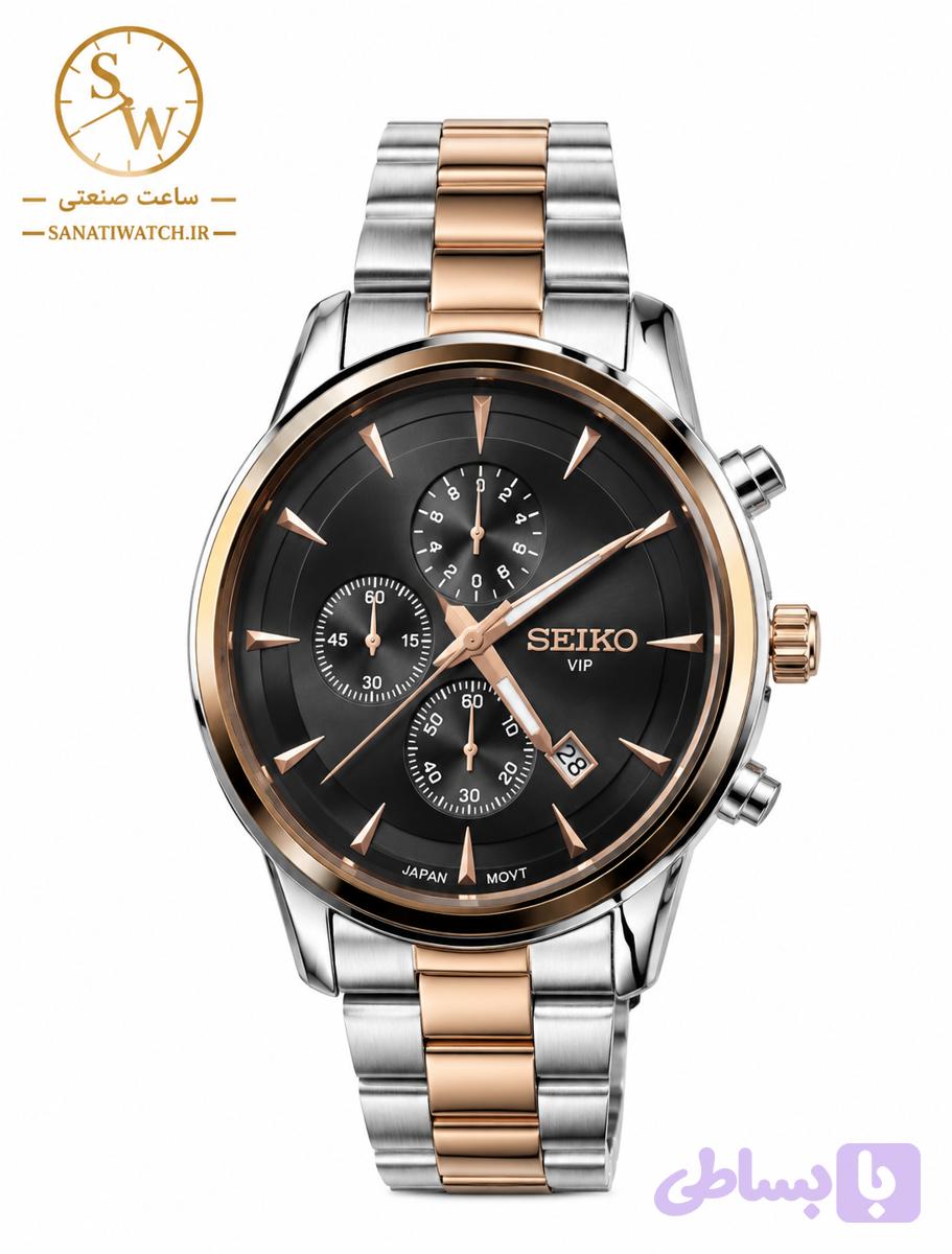 ساعت مچی مردانه SEIKO سیکو فلزی سه موتور فعال کورنوگراف بند رزگلد استیل قاب رزگلد استیل صفحه مشکی دور شیشه آینه ای کد 8012