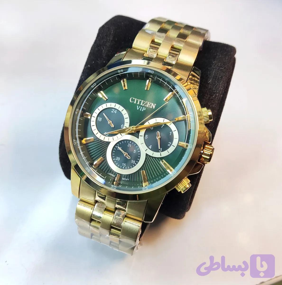 ساعت مچی مردانه CITIZEN سیتیزن سه موتور فعال فول تایم فلزی بند و قاب طلایی صفحه سبز کد 31622