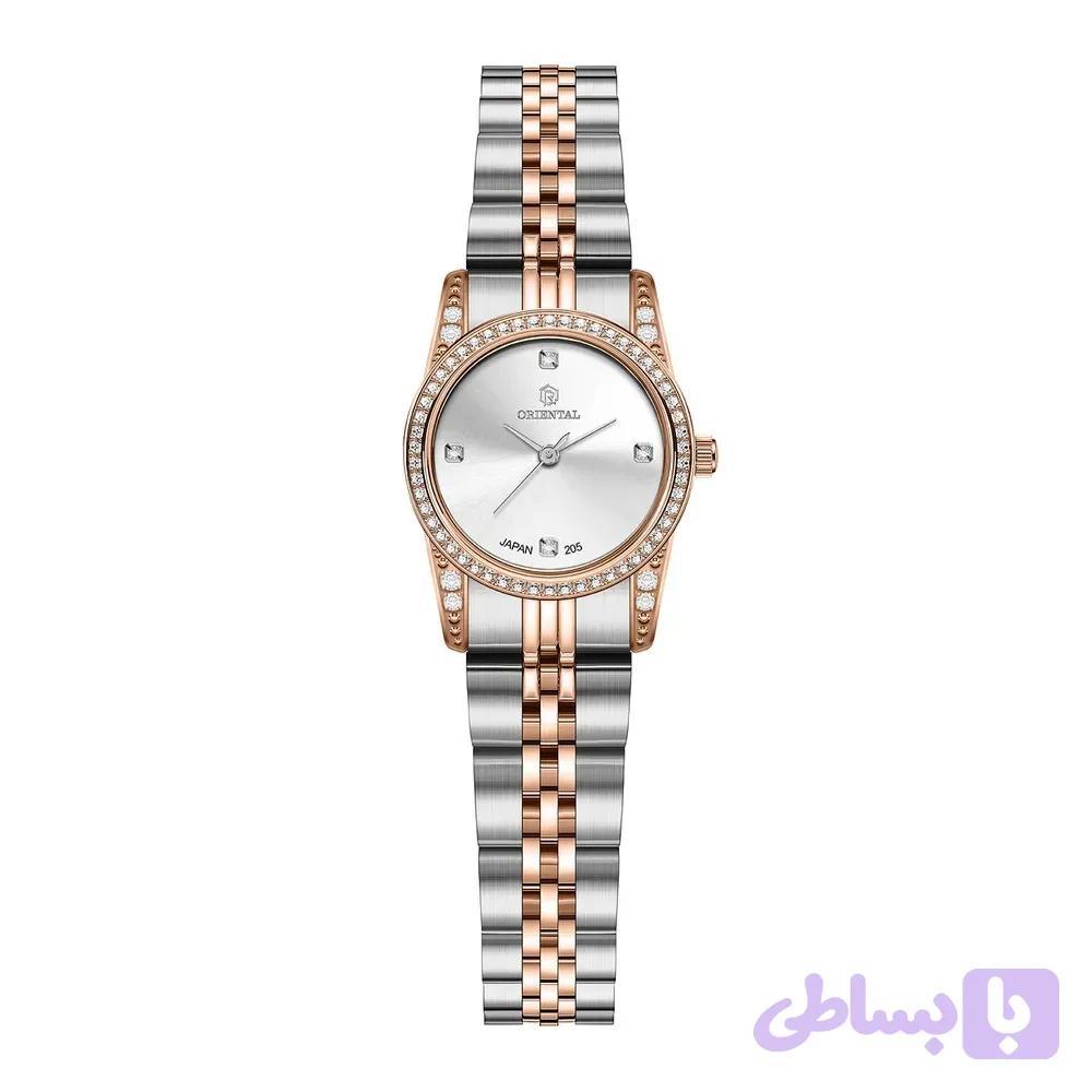 ساعت مچی زنانه ORIENTAL اورینتال ظریف فلزی قاب نگین دار بند استیل رزگلد صفحه استیل کد 205