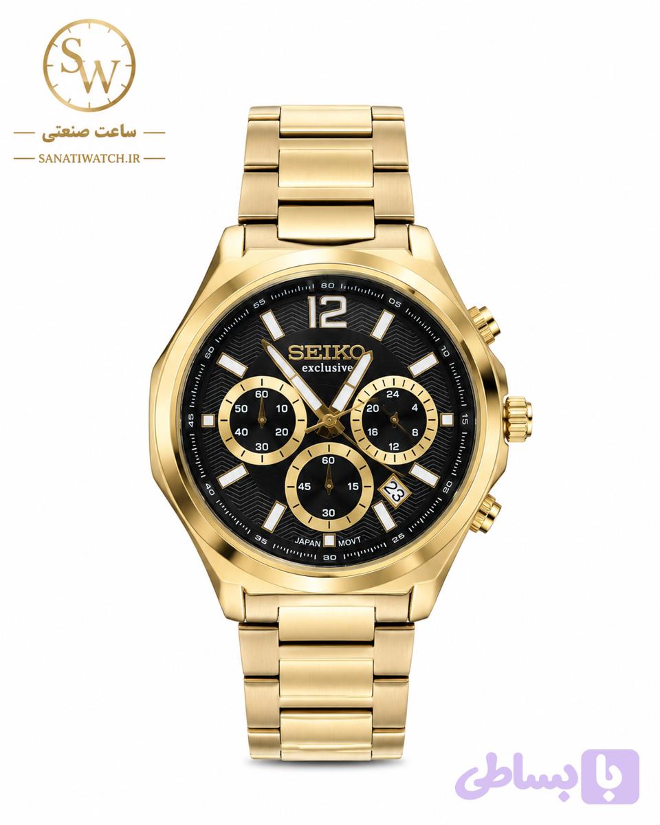 ساعت مچی مردانه SEIKO سیکو فلزی سه موتور فعال کورنوگراف بند طلایی قاب طلایی صفحه مشکی کد 3060