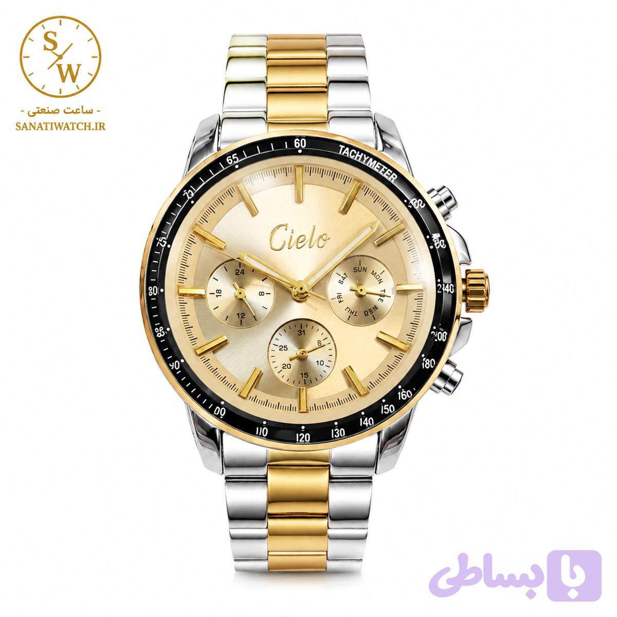 ساعت مچی مردانه CIELO سیلو فلزی سه موتور فعال فول تایم قاب و بند استیل طلایی صفحه استیل شیشه رنگی رزگلد کد 1750