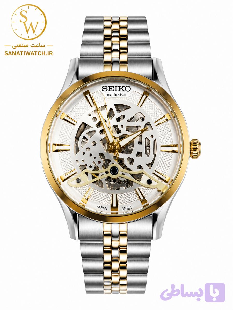 ساعت مچی مردانه SEIKO سیکو فلزی اتوماتیک مکانیکی اسکلتون درب پشت شیشه ای بند و قاب طلایی استیل صفحه استیل کد 3026
